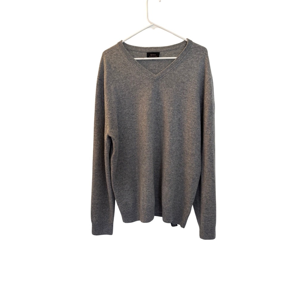 Quince Mens Mongolian Cashmere V-Neck Sweater Heather Grey XL Logo Embroider